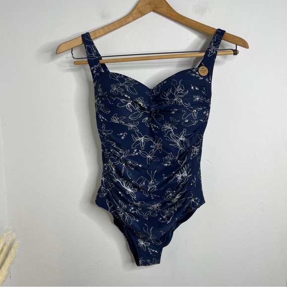 Nip Tuck Garden Line Foil One Piece Swimsuit Size 8 Navy Silver Metallic - Picture 5 of 16